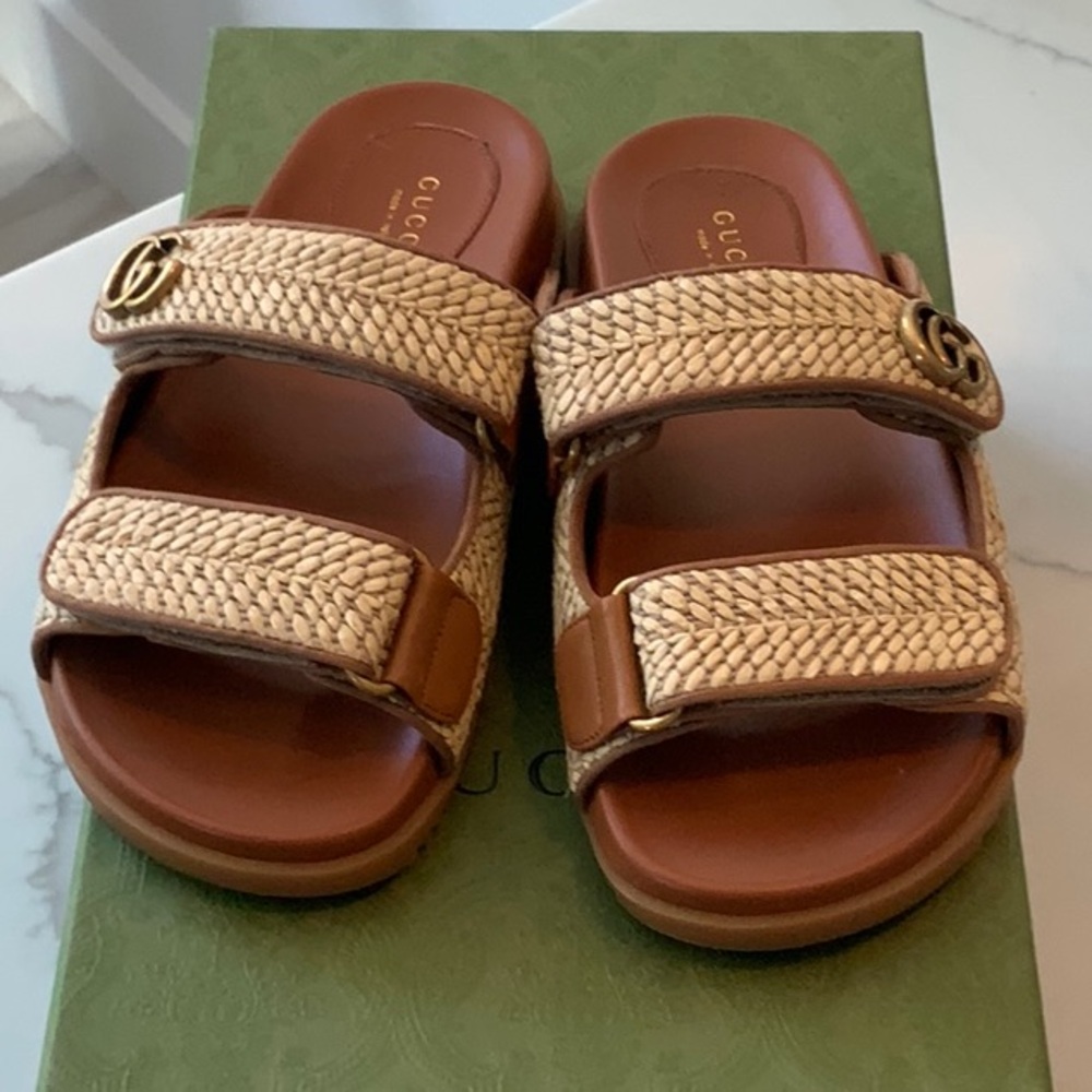 Authentic Gucci Maritza Slides Raffia with GG